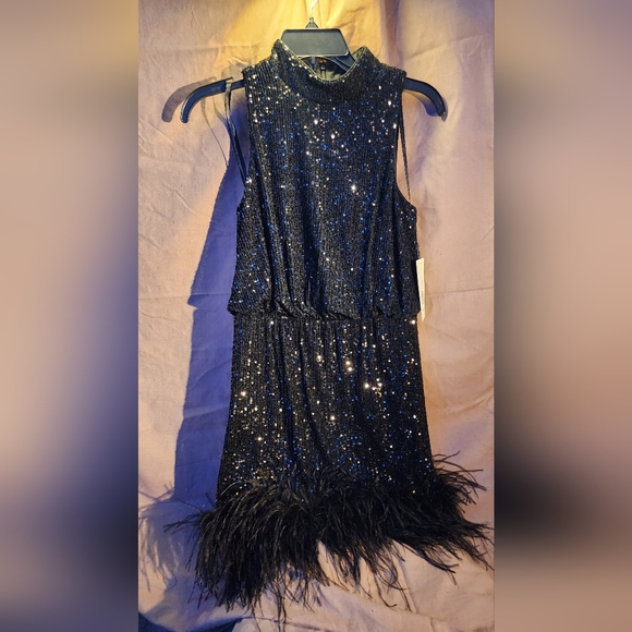 Eliza J black sequins and ostrich feather sleeveless mini - Picture 3 of 7